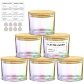 16Oz 3 Wick Candle Jars 6 Pack - Large Empty Iridescent Wide Mouth Glass Candle Making Jars With Bamboo Lids And Stickers And Labels, Bulk Candle Containers For Making Candles