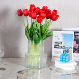 20 Pcs Real Touch Artificial Tulips With Vase, Large Faux Flower Arrangement In Heavy Fluted Glass, Bouquet For Dining Table Centerpiece, Home Office, Spring Decor, Set With Dust Bag (Red)