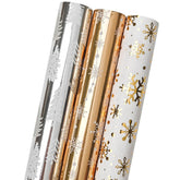 Mini Short Christmas Wrapping Paper Roll With Cut Lines On Reverse (17" X 120" Per Roll) - Silver & Gold & White Gold With Metallic Shine