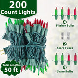 Christmas Lights 50Ft 200 Count Incandescent Bulbs Red And Green Mini Lights With Green Wire For Christmas Tree, Garland