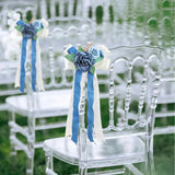6 Pieces Blue Wedding Flowers Decor, Aisle Flowers Artificial Dusty Blue Flower Chair Ribbon Bow Decorations For Wedding Ceremony Party Church Banquet