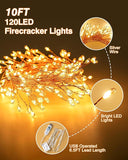 10FT 120 LED USB Fairy Lights Warm White Cluster String Lights with Remote 8 Modes Silver Wire Firecracker Lights for Bedroom Wedding Christmas Decor