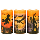 Halloween Flameless Flickering Led Candles With 6-Hour Timer, Battery Operated Wax Candles Assorted Decals Witch, Bats, Castle Set Of 3 For Decoration