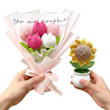 Handmade Crochet Flower Bouquet - Pink Knitted Tulips,Forever Flowers Gift For Mother'S Day, Birthday, Anniversary,Graduation,Hypoallergenic Home & Desk Decor (With Sunflower)