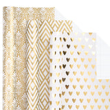 Gold Wrapping Paper Roll, Luxury Metallic Gift Wrap With Heart, Geometric & Floral Pattern For Wedding, Birthday, Anniversary, Bridal Shower, Christmas, Valentines, 17 X 120 Inches, 3Rolls