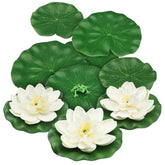 10Pcs Artificial Floating Foam Lotus Flowers With Artificial Frog Lotus Leaves, Lily Pads For Lake, Pond Plants Ornaments For Pool Aquarium Water Decoration, White