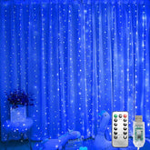 300 LED Blue Curtain Fairy Lights 9.8FT x 9.8FT Twinkle String Lights with Remote Control 8 Lighting Modes for Bedroom Wedding Party Indoor Outdoor Decor
