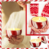 4 Pcs Christmas Candy Cane Stripe Candles 3.5" Unscented Red And White Stripe Christmas Candle With Ceramic Jar Xmas Table Decorations For Winter Home Party Supplies Gift, Burning 10-13 Hour