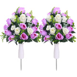 Artificial Cemetery Flowers,Set Of 2 Grave Decorations Roses, Tombstone Memorial Bouquet With Vase For Grave Arrangementss (2, White & Purple)