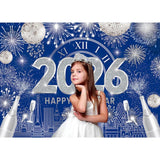 Blue Happy New Year 2026 Backdrop 7x5ft Silver Glitter Fireworks Banner