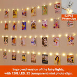40FT Photo Clip Fairy Lights 120 LED Warm White String Lights with 52 Clear Clips 12 Hooks USB Powered 8 Modes Timer for Bedroom Wedding Party Decor