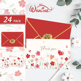 24 Pack Valentine'S Day Thank You Cards With Envelope Stickers Watercolor Floral Heart Greeting Cards Red Pink Flower Blank Note Card For Wedding Bridal Shower, 4 X 6 Inch