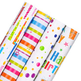 Birthday Wrapping Paper Rolls Colorful Gift Wrapping Paper With Happy Birthday Lettering Candles Polka Dots Stripes Design For Party Baby Shower - 4 Rolls - 17 In X 120 In(10Ft) Per Roll