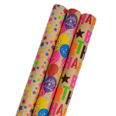 Kraft Birthday Wrapping Paper - 30 Inch X 10 Feet (3 Rolls: 75 Sq. Ft. Ttl.) - Balloons & Star Design Perfect For Birthday, Party, Baby Shower, Christmas, Gift Wrap