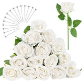 15Pcs White Rose Artificial Flowers With 15Pcs Diamond Pins For Bouquets, Fake Silk Roses Flower For Home Decoration Wedding Party Table Centerpieces