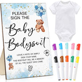 12 Pcs Baby Shower Game Party Favors With White Unisex Bodysuit Wooden Sign Tabletop Decor And Marker For Guests(Blue Bear)