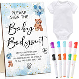 12 Pcs Baby Shower Game Party Favors With White Unisex Bodysuit Wooden Sign Tabletop Decor And Marker For Guests(Blue Bear)