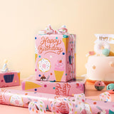 Birthday Wrapping Paper Roll - Mini Roll - 17 Inch X 33 Feet - Gold Foil Icecream Pink Happy Birthday Wrapping Paper For Kids Girls Celebration, Party, Baby Shower