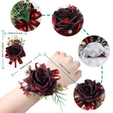 Corsage And Boutonniere Set Artificial Rose And Handmade Silk Bride Bridesmaids Wrist Corsage And Men Boutonniere For Wedding Prom Party Suit Decoration, Red