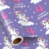 Unicorn Birthday Wrapping Paper Roll For Girls, Mini Roll, Dreamy Purple Unicorn And Number 4 Gift Wrap Paper For 4Th Birthday Party, Theme Party, 17 Inches X 16.4 Feet