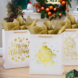 12Pcs Large White & Metallic Gold Foil Gift Bags, 4 Assorted Xmas Tree Snowflake Designs, Perfect For Christmas Thanksgiving New Year Party Favor