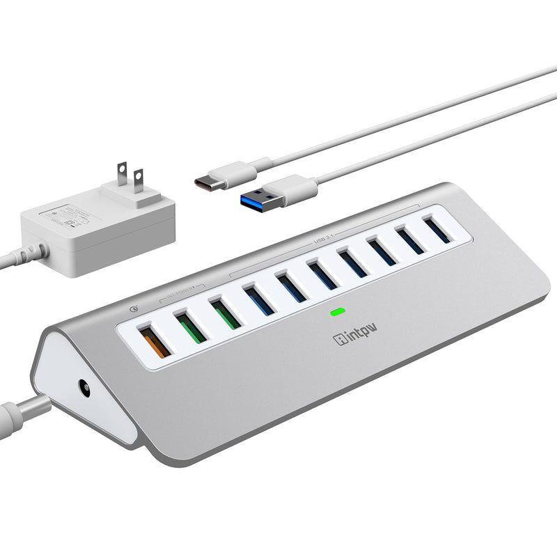 Powered Usb Hub 10Gbps, 10 Port Usb 3.1 Gen 2 Hub With 7 Usb 3.1 Data Ports, 3