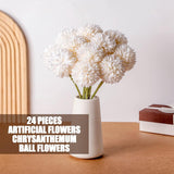 24 Pcs Chrysanthemum Flowers Artificial Ball Flowers Bouquet Long Stem Floral Chrysanthemum Faux Hydrangea Boho Floral Tables Centerpieces For Home Kitchen Wedding Party Decorations(White)
