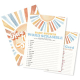 Sunshine Fill In Baby Shower Game Cards - Here Comes The Son - Word Scramble Game For Boys - Baby Announcement Gender Reveal Party Activities For New Parents To Be
