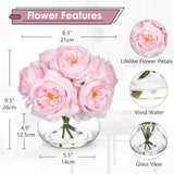 Pink Roses Peonies Artificial Flowers With Glass Vase Silk David Austin Roses Faux Flowers Arrangements With Clear Faux Water In Vase Fake Peonies Rose Peony Floral Bulk Bouquet Home Decor