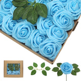 Artificial Flowers Blue Roses Real Looking Foam Fake Roses With Leaves And For Diy Wedding Bouquets Bridal Shower Centerpieces Party Decorations (50, Baby Blue)