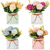 Fake Flowers In Vase For Centerpieces: 4 Pcs 5.9 Inch Small Artificial Hydrangea With Vase Table Decor - Faux Floral Arrangements Desk Home Party Bathroom Office Decorations