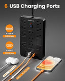 Surge Protector Power Strip 8 Outlets 6 USB Ports 2 USB C 6FT Flat Plug Extension Cord 1800J Black