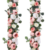 2 Pack Artificial Flower Garlands 11.2Ft Eucalyptus Garlands With Flowers 8 Head Peony Flower Vine Faux Floral Garland For Wedding Arch Table Wall Backdrop Wreath Decoration. (Pink & White)