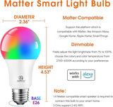 Matter Smart A19 LED Light Bulb E26 RGB 60W Equivalent 800LM WiFi Alexa Apple Home Google SmartThings