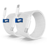 10FT USB C to USB C Cable 60W Fast Charging Type C Cord for iPhone 17 16 15 MacBook iPad Samsung White