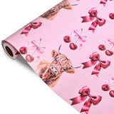 Reversible Pink Bow Wrapping Paper For Girls Women - Highland Cow, Cherry & Pink Polka Dot Gift Wrap For Birthday Wedding Baby Shower Holiday Party - 17 Inch X 20 Feet(Total 28.5Sq.Ft)