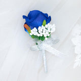 2Pcs Blue Rose Corsage And Boutonniere Set, Corsage Wristlet Band For Prom Suit Decorations, Artificial Boutonniere For Men Wedding Party Flower Accessories