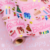 Pink Wrapping Paper, Reversible Happy Birthday Letterings & Festive Party Icons Gift Wrap For Girls, Birthday, Baby Shower, Party (17 Inch X 16.5 Feet)