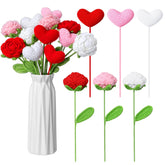 12 Pcs Crochet Heart Rose Handmade Knitted Flowers Valentine'S Day Heart Picks Knitted 16.5 Inch Red Pink White Valentine Vase Filler For Gift Artificial Bouquet Centerpiece Home Decor
