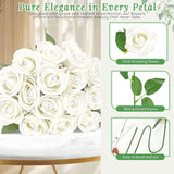 15Pcs White Rose Artificial Flowers With 15Pcs Diamond Pins For Bouquets, Fake Silk Roses Flower For Home Decoration Wedding Party Table Centerpieces