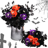 12 Pcs Halloween Black Faux Rose Artificial Flowers With Skull Skeleton Hand Purple Flower Bouquets Black Eucalyptus Leaves Branches Set Fake Rose For Halloween Party