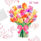 3D Popup Tulips Bouquet Greeting Card | Musical Light Up Flowers Bouquet | Decorative Floral Design | Mom Women Wife | Envelope & Blank Note Card | Perfect For Birthday, Anniversary, Get Well, All Occasion