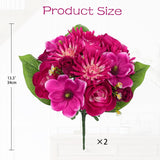 Artificial Flowers Bouquet - 2 Pack Hot Pink Faux Silk Floral Arrangement Fake Magnolia Chrysanthemum Rose Mixed Flower For Home Office Room Vase Memorial Cemetery Outdoor Decor