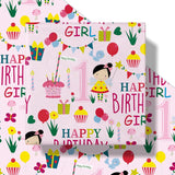 Birthday Wrapping Paper For Girl - Mini Roll - Pink Happy Birthday Girl And Birthday Party Pattern For Girl'S 1St Birthday Party And More - 17 Inches X 16.4 Feet - 1 Year Old
