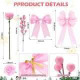 61 Pcs Rose Christmas Tree Decoration Include Faux Rose Artificial Berries Small Ribbon Bows Big Topper Bow Holiday Decorations Set For Home Wreaths Xmas Tree (Pink)