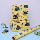 Boys Birthday Wrapping Paper Roll With Cutlines On Back - 17 Inches X 32.8 Feet - Dinosaur Monster Truck Design For Kids Birthday Baby Shower Holiday (1 Roll)