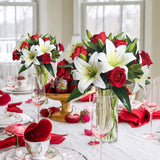 Artificial Valentines Flowers With Lillies Roses Artificial Spring Flowers Silk Flower Arrangements For Valentine'S Day Cemetery Home Party Wedding Table Centerpieces (White & Red)