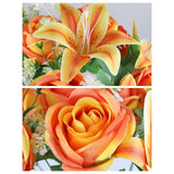 2 Set Artificial Cemetery Flowers With Grave Vase-2 Bunches Lilies & Rose Mixed Orangish Yellow Silk Memorial Flowers-2 Cemetry Vase With Foam For Outdoor Headstones Gravesite Graveyard Decorations