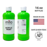 milo Fluorescent Acrylic Paint Set of 6 Colors | 16 oz Bottles | Student Neon Colors Acrylics Painting Pack | Glows UV in Black Light | Non-Toxic Art & Craft Paints for Artists & Hobby Painters | Made in USA