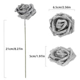 Silver Glitter Roses 30Pcs Artificial Roses With Stems Glitter Foam Flowers 2.56" Silver Flowers Fake Roses For Bridal Shower Wedding Bouquet Table Decor